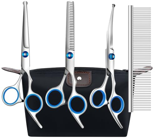 Hundeschere Fellschere Hunde, 5-in-1 Fellschere für Hunde, 4CR Hundeschere Set Profi mit Runder Sicherheitsspitze, Edelstahl Katze Fellpflege Effilierschere, Ausdünnen, Gerade Schere, Gebogene Schere