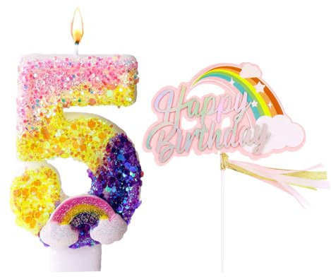 Ovaletta Pailletten Geburtstagskerzen Zahlen 5 (Regenbogen Deko), Kerzen Geburtstag, Regenbogen Geburtstagskerze, Geburtstagskerzen für Torte, Kerze 5, Kerzen Zahlen (mit Regenbogen Cake Toppe)