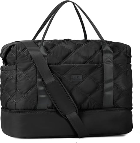 Lekespring Reisetasche Damen, Groß Puffer Weekender mit Schuhfach & Kulturbeutel, Leicht Sporttasche Handgepäck Tasche Kliniktasche Geburt Wasserdicht Travel Bag für Flugzeug, Reisen, Gym-Schwarz