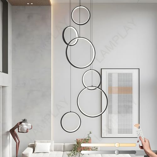LAMPLAY LED-Kronleuchter Für Lange Treppen, Hoher Decke Mit 6 Schwarzen Ringen Lampe, DIY-Höhenverstellbare Pendelleuchte Für Den Eingangsbereich, Dimmbar Mit Fernbedienung 3000K-6000K