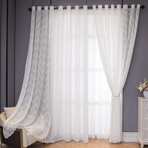 Gardinen Kurz Fenster Schlafzimmer Gardinen Kurz 2 Pack Weiß Voile Wellenförmiges Streifenmuster H115 x B132 cm (2er Pack) Polyester