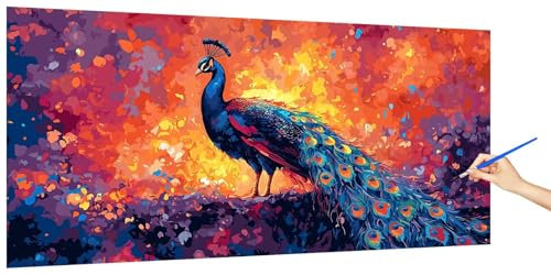 Malen Nach Zahlen Erwachsene Pfau, Malen Nach Zahlen TierKinder Kleines Format, DIY Paint by Numbers Kreativ Set AnfäNger Inklusive Pinsel und Acrylfarben Ohne Rahmen Zimmer Deko Geschenk 100x50cm Z-7