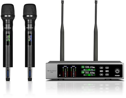 Wireless Microphone System, Metal Dual Handheld ，2x100 UHF Frequencies，Auto Scan，328ft Range，Dynamic Microphone for Church, DJ, Karaoke,Wedding, Home KTV，Singing Set