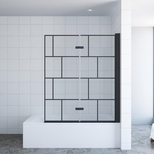 Duschabtrennung Badewanne ohne bohren schwarz Dekor Kariert 120 x 140 cm Badewannenaufsatz 2 Teilig faltbar Duschtrennwand Faltwand Badewannenfaltwand Duschwand Glas Dusche 5 mm Sicherheitsglas NANO