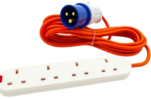 16A to 13A Extension Lead 5 Metres – Camping Electric Hook Up Cable with UK 3-Pin Plug Sockets – 240V Mains Lead for Caravans, Motorhomes, Catering Trailers & Generators – 3-Pin Blue Plug
