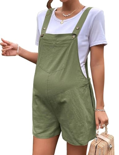 Sukany Women's Maternity Overall Shorts Casual Pregnant Jumpsuit Adjustable Strap Sleeveless Short Romper Shortalls Army Green XL