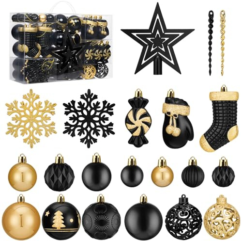 SOLEDI® 128er Set Premium Weihnachtskugeln Kunststoff Schwarz Gold mit Baumspitze Stern - Robuste und Sichere Christbaumschmuck Set mit Aufhängen - Christbaumkugeln Bunt, Mehrweg Weihnachtsdeko