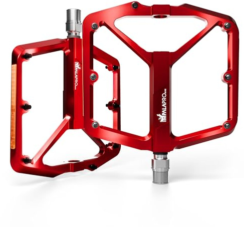 IMPALAPRO Flat Bike Pedals with Reflectors CNC Aluminium 9/16” – MTB Pedals with Extra Wide Platform and Removable Anti-Slip Pins – Lightweight Pedals for Mountain Bike & Road Bike 355 g (red)