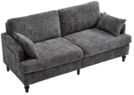 Arhatreya 2 Sitzer Sofa Couch mit Holzbeinen, 2er Gästesofa mit Aufbewahrungstasche und USB-Ladefunktion, Sitzsofa mit LED-Licht für Wohnzimmer, Schlafzimmer, Wohnung, Chenille, Grau