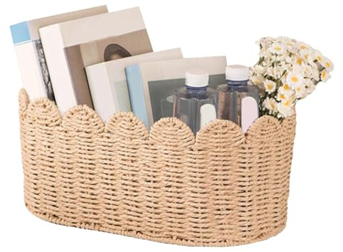 Panier de Rangement en Osier Tressé - Corbeille Déco Mignonne | Organisateur Maison Ouvert pour Bibliothèque Buanderie Entrée Bureau Table Étagères Placier Comptoir Cuisine Bureau Chambre