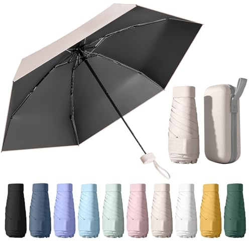 Mini Travel Umbrella, 6 Ribs Mini Umbrella, UV Foldable with Capsule Box, Travel Waterproof and Windproof for Men and Women (Beige)