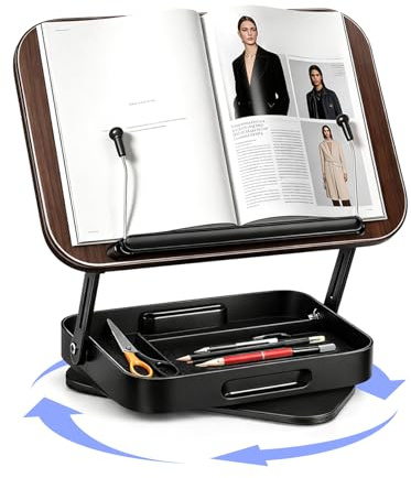 Joyzan Soporte de Lectura, Atril Libros Madera con Espacio Almacenamiento Soporte Libro Giratorio 360° Clips Laterales Cocina Plegable Ajustable para Partituras Musicales Recetas Computadora Oficina