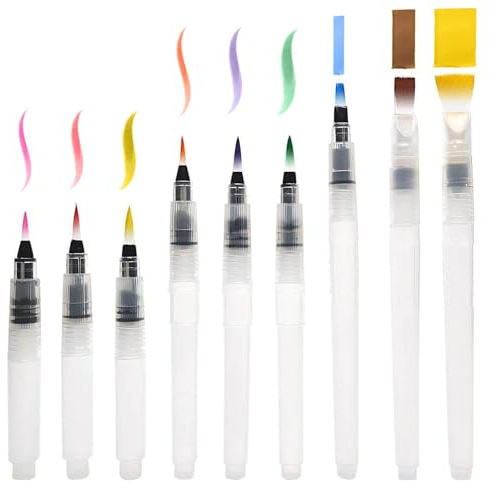 9 pennelli con serbatoio d’acqua, combinazione di pennelli a punta fine e piatti, pennello con serbatoio, pennelli con serbatoio