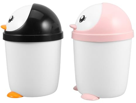 SHINEOFI Mini Cestino della Spazzatura da Tavolo a Forma di Pinguino Set da 2 Pezzi in Plastica con Coperchio Piccolo Organizzatore di Rifiuti da Scrivania per Ufficio Casa e Auto