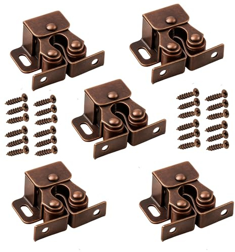 5 Pack - Double Roller Catch Door Latches for Cabinets and Cupboards, Metal Roller Catches with Screws, Antique Bronze Cupboard Door Closers for Kitchen Units, Wardrobes, Furniture Repair and Home DIY