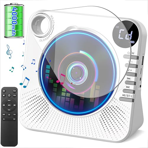 Tragbarer CD-Player 4000mAh Wiederaufladbar, Bluetooth 5.1 mit Stereo-Lautsprechern, Fernbedienung, Staubschutz-Schiebedeckel, Anti-Skip, AUX/USB, CD Spieler für Zuhause & Unterwegs - Weiß