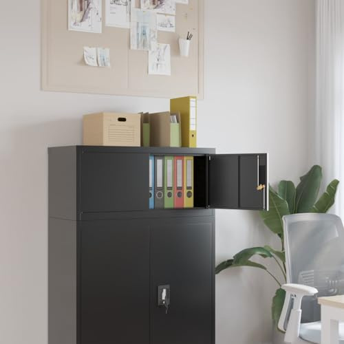 Arkivskåp svart av pulverlackerat stål 90 x 40 x 40 cm med låsbar dörr 2 nycklar, kontorsförvaring för mappar, dokument, hängmappar, hyllplan, mångsidigt kontorsskåp