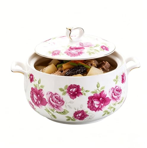 YAIUNHIQ Sopera de cerámica con tapa, capacidad, plato for servir con asas dobles, utensilios de cocina, suministros de cocina for el hogar, apto for microondas y lavavajillas(2000ml)