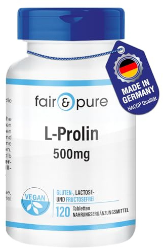 Fair & Pure L-Prolin 1000mg Tagesdosis, 120 Tabletten, hochdosiert, Nahrungsergänzungsmittel vegan ohne Magnesiumstearat, in Deutschland hergestellt
