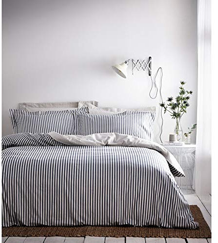 furn. Yard Hebden Mélange Stripe Cotton Duvet Set – Ultra Soft Reversible Striped Bedding (Navy – Double)