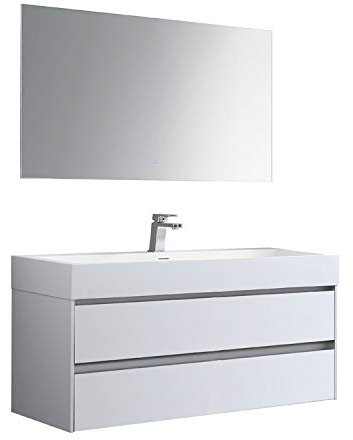 StoneArt Badmöbel-Set mit Mineralguss Waschbecken und Unterschrank und LED Spiegel Touch-Sensor Waschtisch als Einzel- oder Doppelwaschbecken Mailand ML-1000 weiß matt 100cm