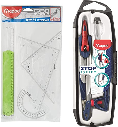 Maped Kit Traz Règle/Equerre/Rapporteur & Coffret Compas Maped Stop System 3 pièces - Système de Verrouillage Breveté - Avec Sécurité Protège Pointe et Mine - Compas Mine + Bague + Étui-Mines