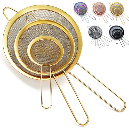 Kyraton Gold Fine Mesh Strainer 3 Pieces Set, Golden Flour Sifter for Baking, Stainless Steel Clander, Matcha Tea Strainer, Gravy Separator, Stasher Sieve Pasta Strainers