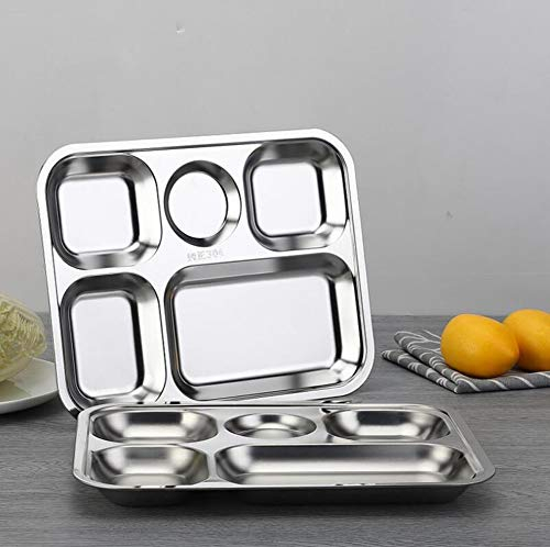 Teller Aus Edelstahl Mit Fünf Fächern, Thali, Tablett, Geschirrteller Essenstablett Edelstahl Mittagessen Abendessen Tray Kantinentablett - Je 33 Cm,6 Stück