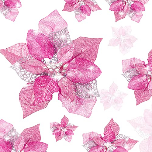 WILLBOND Lot de 36 Fleurs de Poinsettia artificielles à Paillettes pour décoration de Noël, Mariage, Sapin de Noël, Nouvel an (Rose)