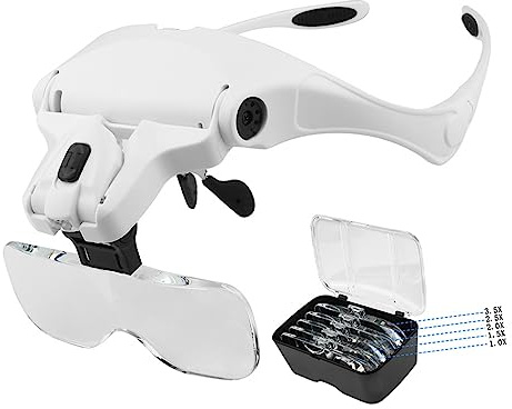 Lupa con Diadema iluminada por LED 5 Lentes Desmontables 1.0X-3.5X Lupa Intercambiable Gafas Lupa 2 Niveles Herramienta de Aumento de Brillo para PCB Reloj Joyas Trabajo de Cerca (2 LED)