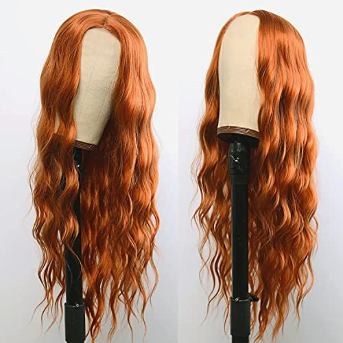 MEIRIYFA Långa vågiga orange peruker för svarta kvinnor, 68,5 cm mittdel ingen lugg lång vattenvåg peruk syntetiskt hår peruker fest halloween cosplay peruk