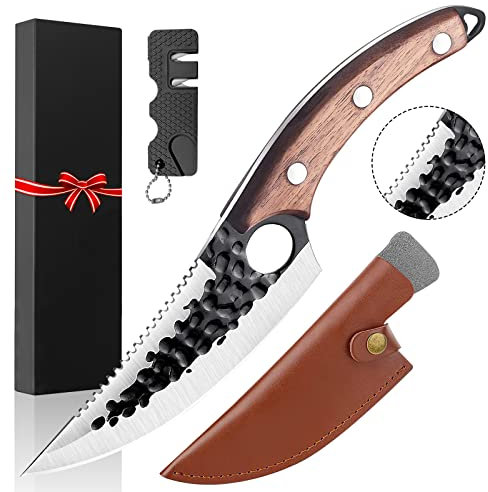 G-KiKi Japanisches Messer Profi Ausbeinmesser mit Holster und Messerschärfer, Küchenmesser Kochmesser Wikinger Messer mit Fingerloch und Holzgriff, Fleischmesser für Zuhause Grill Outdoor Camping