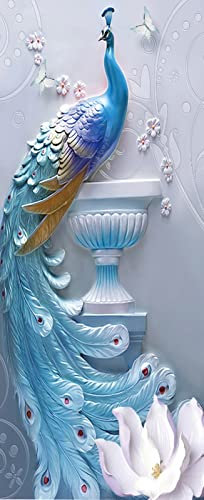 A.Monamour Türtapete Selbstklebend Türfolie Türposter 3D Blauer Pfau Mit Blumen Vinyl Folie Türdeko Tapete Wandbild Türaufkleber Türtattoo 90x200cm