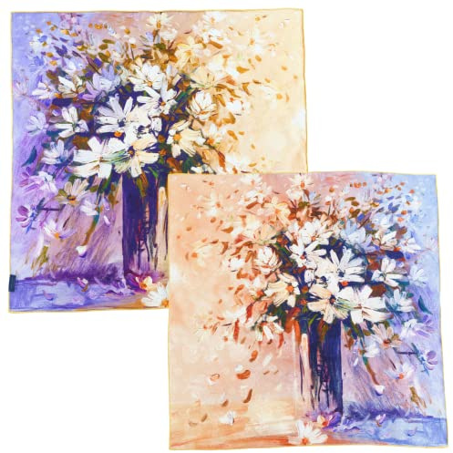 PoeticEHome Doppelseitiger Luxus-Seidenschal – atmungsaktiver 3D-Jacquard, florales Ripsband, handgerollter Rand, in Geschenkverpackung, Vasenmalerei - 66 cm, 26x26 M