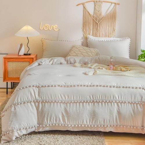 Freyamy Boho Bettwäsche 135x200 4teilig Beige Pompons Quaste Bettwäsche Set