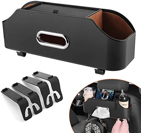 HALOYIVGO Auto-Rücksitz-Organizer – stilvolle und funktionale Aufbewahrung für Familienabenteuer – Becherhalter, Taschentuchbox und Haken – perfekt für Kinder, Autofahrten und Reisen (schwarz)