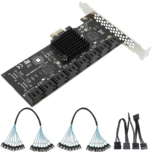 SATA-Erweiterungskarte PCIe X1 auf 16-Port SATA 3.0 SSD 6 Gbit/s Controller-Adapterkarte mit 2 x 8-Port auf 8-Port SATA-Bundle-Kabel für Win10/8/7/XP/Vista/Linux