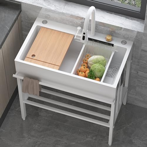 Nero Utilità Lavelli a Vasca singola Lavandino della lavanderia, Autoportante Lavello da cucina per ristorante commerciale, con rubinetto e mensole portaoggetti per Interni Esterni ( Color : White , S