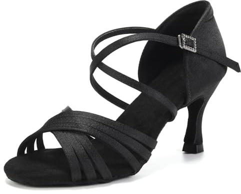 SWDZM Scarpe Latino Donna in Raso, Suola Camoscio per Salsa e Tango | Spalline incrociate regolabili, Fibbia decorativa con pietre, Tacco stabile da ballo, Fodera interna confortevole