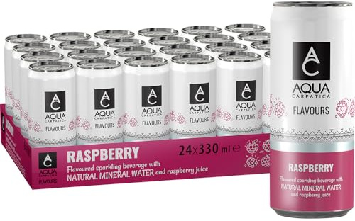 AQUA Carpatica Flavoured Sparkling Water Raspberry, Can, 24 x 330ml | Natural Mineral water, Rich in Minerals, refreshing taste with natural Fruit flavours & Agave syrup, Gluten Free, Vegan