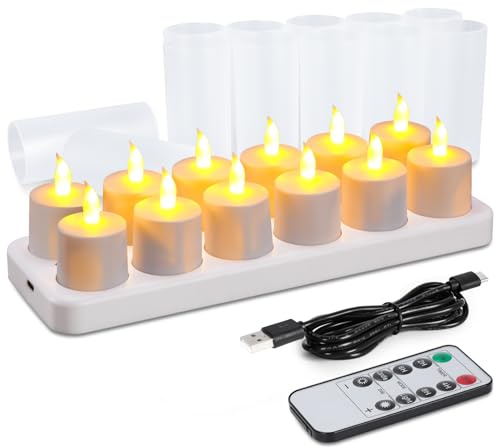 WoneNice 12 pcs USB Rechargeable Flameless Candles with Remote & Timer, LED Tea Lights for Mother's Day Wedding Christmas Lanterns Emergency Home Decor