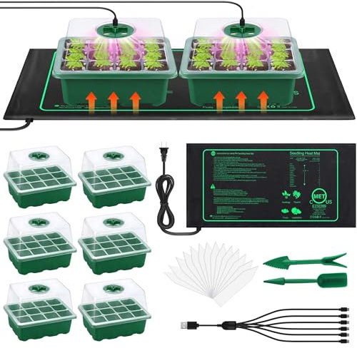Hahood 6 Pack Seed Starter Tray Kit with Grow Light and Seedling Heat Mat 72 Cells Seed Starter Tray with Humidity Dome and Base Plastic Plant Growing Germination Trays for Seed Propagation, Green