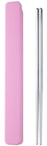 Portable Chopstick with Pull Design Case Reusable Stainless Steel Chopstick | 1 Pair Metal Travel Utensil for School Home Office Outdoor Camp Bento Box Use, Dishwasher Safe (Pink)