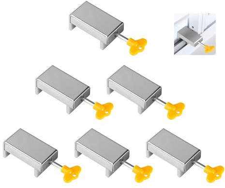 SUPAWAY 6 Piezas Cierre de Ventana Corredera Cierre de Ventana Ajustable Cerradura de Ventana Corredera Cerradura de Seguridad para Niños con Llave Tope de Ventana Corredera Plateado