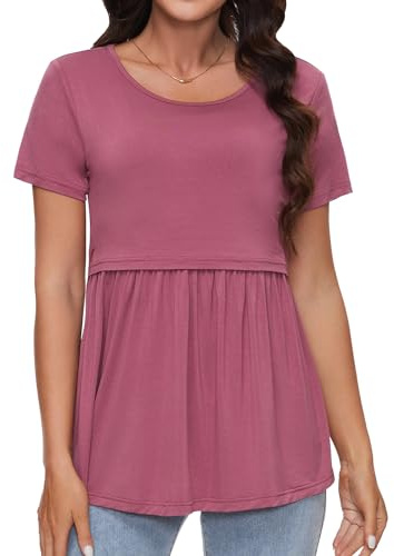 Sosolism Camisetas de Maternidad Fluidas para Embarazo Top de Manga Corta de Lactancia Camisetas de Verano para Amamantar Rosa Polvoriento, Pequeño