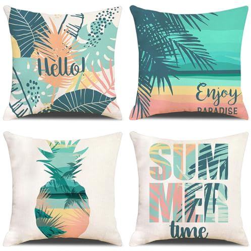 GYISANA Cushion Covers 45cm x 45cm,Set of 4 Hello Summer Decorative Throw Pillow Covers Beach Linen Square Pillow Cases 18x18 Inch for Sofa Living Room Bed Couch Car Home Decor