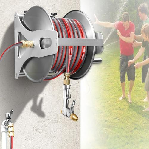 Schlauchwagen Aus Edelstahl, Gartenschlauchwagen Mit Sprühdüse, Wand-/Bodenmontage, Wasserschlauchwagen Aus Metall, Für Den Garten Im Freien,30m