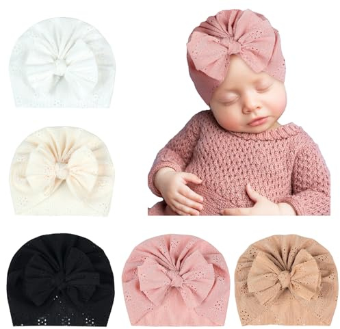 LICHENGTAI Babymössa, flickor barn enfärgad ihålig andningsbar mössa söt mjuk baby turbanhattar med rosett för 0–12 månader flickor och pojkar, 5 stycken, M