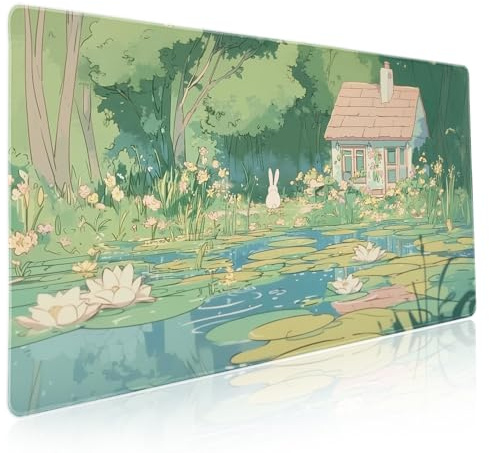 Japanisches Gaming-Mauspad, XXL, niedliche Blume, Anime, ästhetisch, erweitert, groß, rutschfeste Gummiunterseite, genähte Kanten, lange Tastatur-Mauspad für Computer, Laptop, 90 x 40 cm, Grün