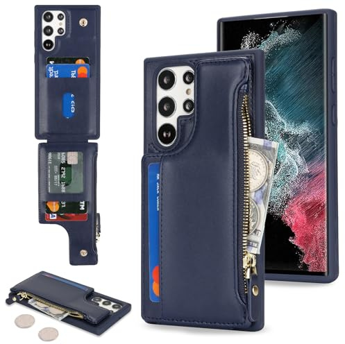 SailorTech för Samsung Galaxy S22 Ultra telefonfodral med kreditkortshållare för män, Galaxy S22 Ultra fodral med kreditkortsfack, plånbok med dragkedja för kvinnor – blå